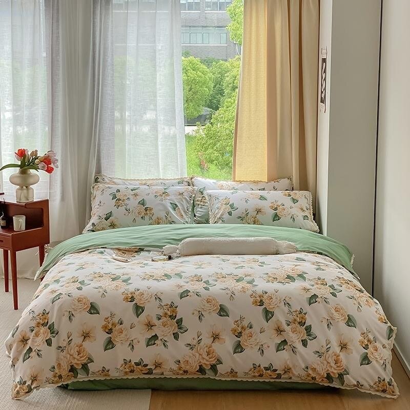 Farmhouse Country Style 4Pcs Delicate Lace Duvet Cover Set 100%Cotton Ultra Soft Girls Queen Bedding set Bed Sheet Pillowcases 1