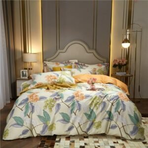 100%Cotton Full Queen 4Pcs Tropical Leaves Bedding set Duvet Cover Bed sheet Pillow shams Ultra Soft Breathable Zipper Core ties 1