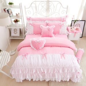 100% Cotton pink purple king queen twin single Double size girls bedding set ruffles korean bed set bedsheet set duvet cover 1