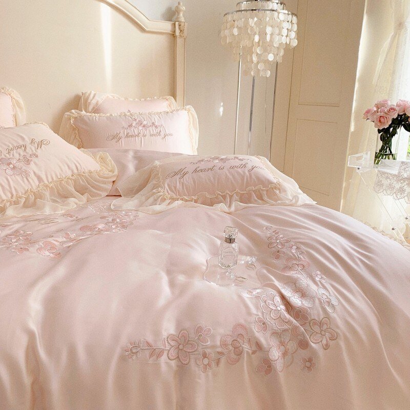 100%Eucalyptus Lyocell Duvet Cover Set Ruffels Princess Girls White Pink Bedding set Silky Smooth Cooling Bed Sheet Pillowcases 5