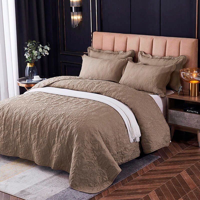 3/5pcs Full/Queen Embossed Solid Brown Color Coverlet Quilted Cotton Bedspread Coverlet 2 Quilted Pillow shams Soft Breathable 2