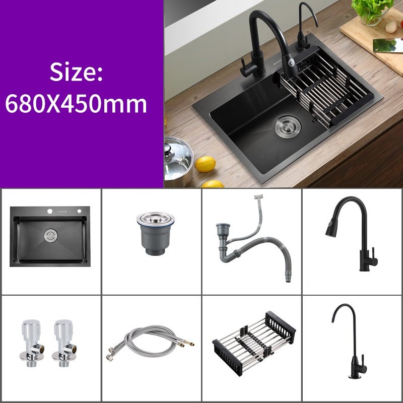 Kitchen Sink Black Nano Sink Single Bowl Wash Basin Bowl Kitchen Accessories Drain Set 304 Stainless Steel Topmount/Undermount 5