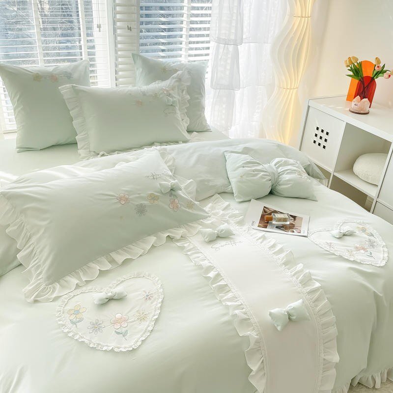 100%Cotton Girls Lovely Elegant Bedding Set Ruffle Exquisite Craft Duvet Cover Set Bed Sheet Pillowcases Princess 4Pcs Bed set 3