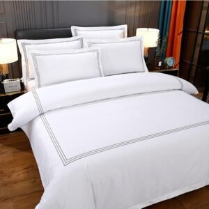 600TC Cotton White with Gray/Blue Embroidered Hotel Soft Duvet Cover Set Bed Sheet Pillowcase Double Queen King 4Pcs Bedding set 1
