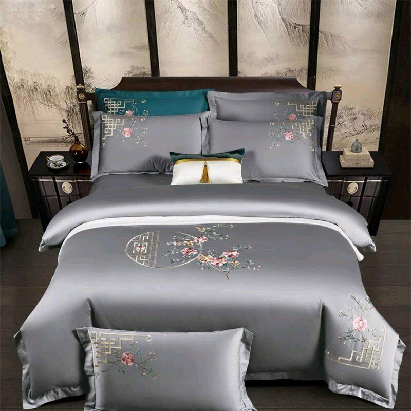 Grey Chinoiserie Chic Floral Embroidery Bedding set Egyptian Cotton Soft Breathable Zipper Duvet Cover Bed Sheet Pillowcases 1