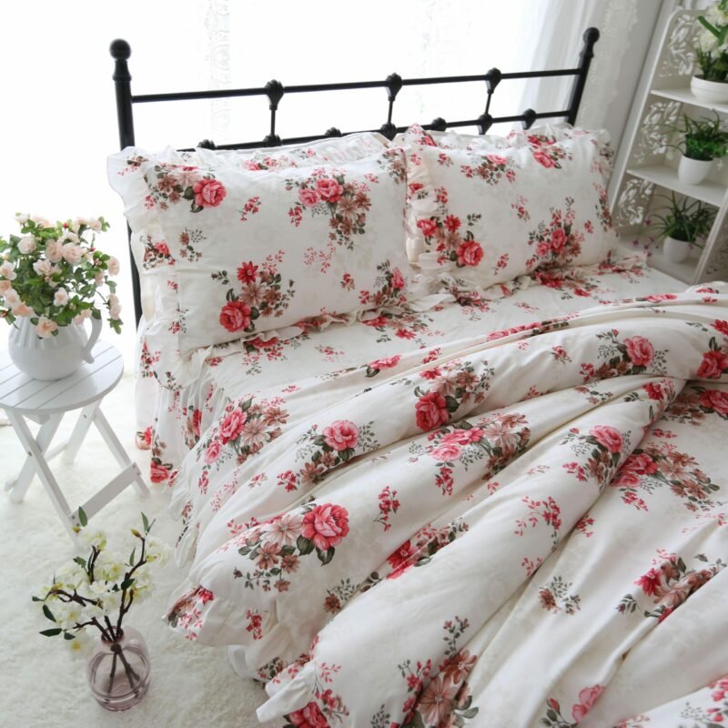 100%Cotton Ultra Soft Breathable Bedding Duvet Cover Set Twin Full Queen size Vibrant Floral Print Ruffles Bedding set Bedskirt 2
