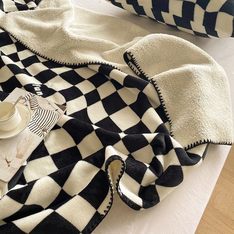 Nordic Fashion Simple Ins Wind Sofa Lunch Break Blanket Coral Fleece Blanket Single Retro Checkerboard Sofa Blanket 4