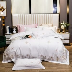 Elegant Flowers Egyptian Cotton Chic Embroidery Duvet Cover Double Queen King 4Pcs Flowered White Bedding Bed Sheet Pillowcases 1