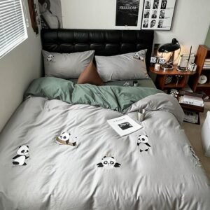 100%Cotton Panda Duvet Cover Set Double Queen 4Pcs Bedding Set for Boys Girls,Animal Comforter Cover Bed Sheet Pillowcases 1