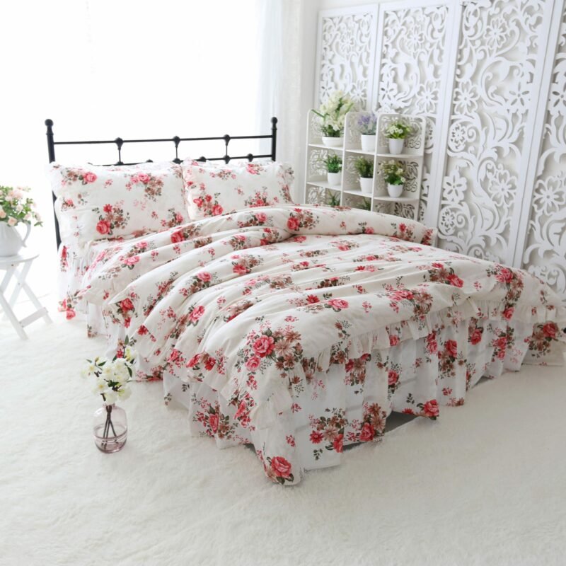 100%Cotton Ultra Soft Breathable Bedding Duvet Cover Set Twin Full Queen size Vibrant Floral Print Ruffles Bedding set Bedskirt 5