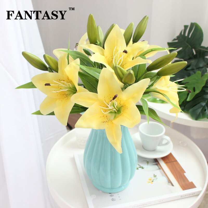 Yellow Lilies Artificial Flowers Real Touch White Flower Decoration Wedding Fake Lily Branch 4 Heads Red Marriage Wreath 2