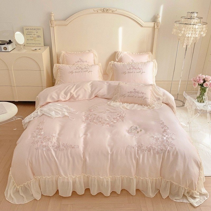 100%Eucalyptus Lyocell Duvet Cover Set Ruffels Princess Girls White Pink Bedding set Silky Smooth Cooling Bed Sheet Pillowcases 1