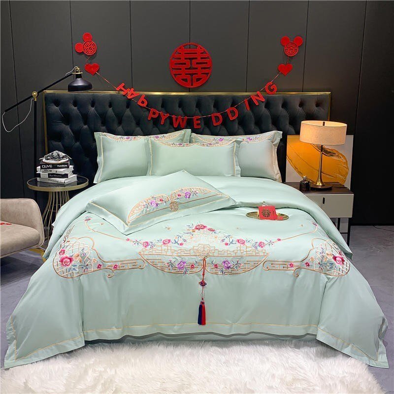 Chic Embroidery Duvet Cover Set Double Queen King 4Pcs Red Sateen Cotton Luxury Bedding,Comforter Cover Bed Sheet Pillowcases 1