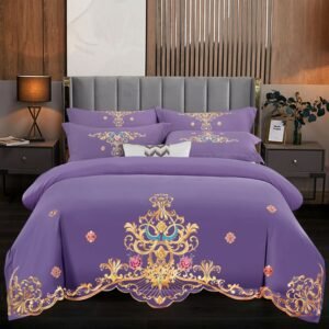 Luxury Soft Brushed 400TC Cotton Embroidered Flowered Purple Red Duvet Cover Set Bed Sheet 2Pillowcases Double Queen King 4Pcs 1