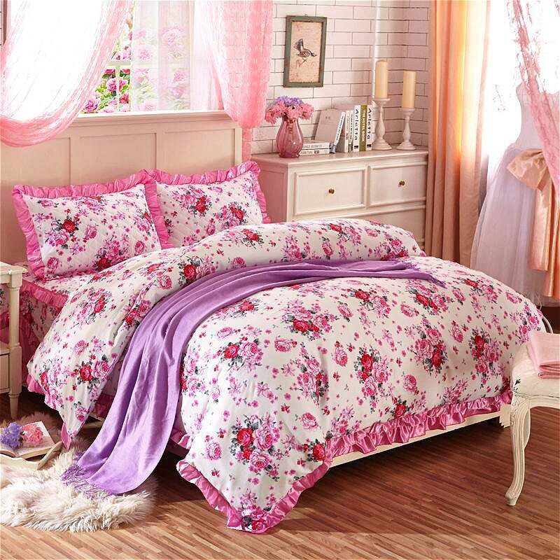 Vintage Style Garden Flowers Duvet Cover Set 100%Cotton Queen King 4/6Pcs Bedding set Quilted Bedskirt/Bedspread Pillow shams 1