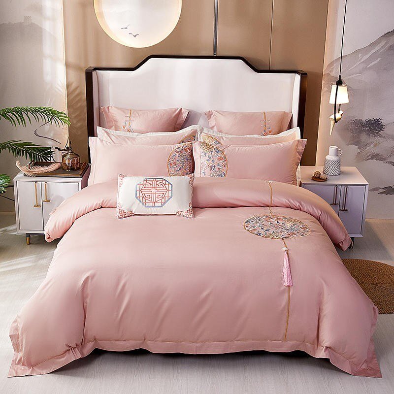 Chinoiserie Vintage Chic Embroidery Tassels Pink Duvet Cover 100%Long Staple Cotton Ultra Soft Bedding Set Bed Sheet Pillowcases 1