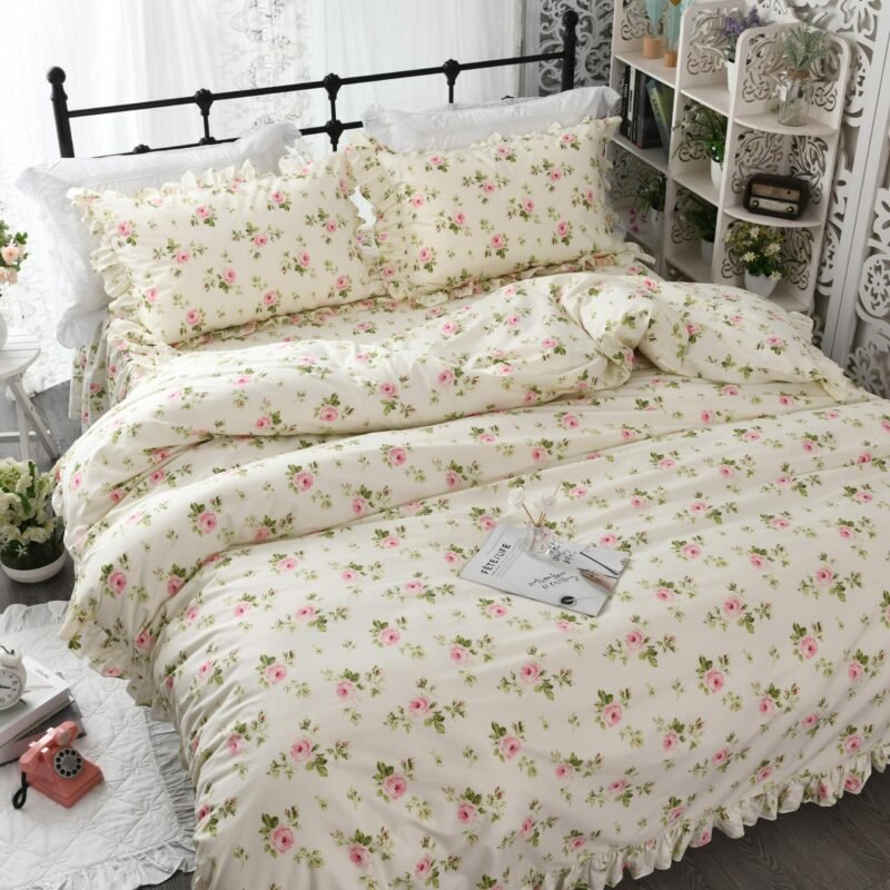 4 Pieces Beige Pink Rufflers Duvet Cover Bedskirt Set 160x200cm Bedding Set Colorful Flowers Pastoral Style Twin Queen King size 4