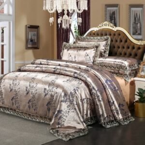 Luxury Silky satin bedding set gold silver color 4pcs cotton lace duvet cover sets bedsheet queen/king size 4Pcs bed set 1