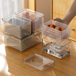 2pcs 2-in-1 Double Layer Refrigerator Organizer Bin with Lid Drainer Basket Kitchen Food Storage Container Box Plastic Clear 1