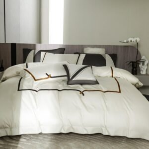 Chic Design Coffee Embroidery Simplicity Duvet Cover Set 1000TC Egyptian Cotton Premium White Bedding set Bed Sheet Pillowcases 1
