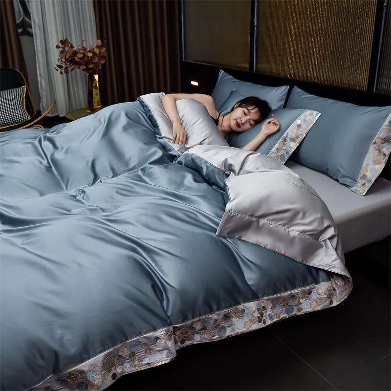 Solid Color 1000TC Egyptian Cotton Duvet Cover Chic Embroidery Blue 4Pcs Twin Queen King Family Bedding Set Bed Sheet Pillowcase 6