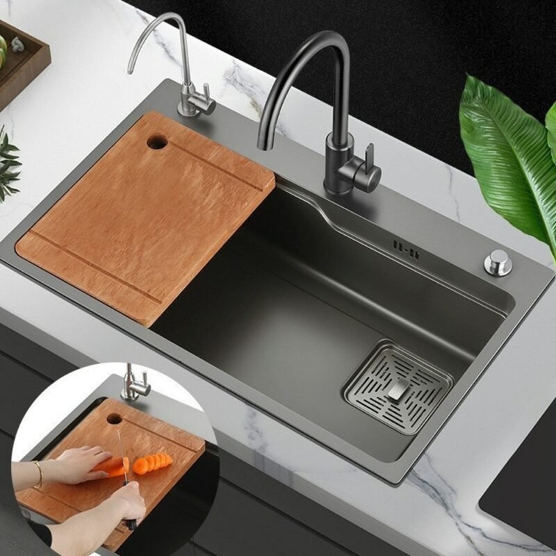 Large Size Nano Wash Basin Single Kitchen Sink 304 Stainless Steel Black Gray Bowl Kitchen Sinks Set Home Handmade Thickened 2