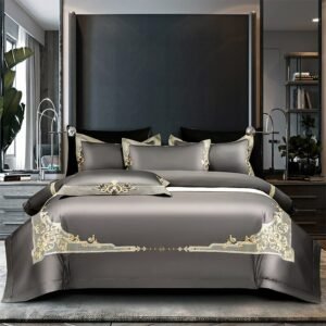 Premium High End Grey 1000TC Egyptian Cotton Soft Bedding set Chic Embroidery Queen King 4/6Pcs Duvet Cover Bed Sheet Pillowcase 1
