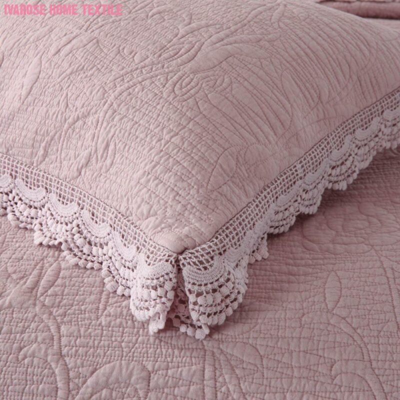 Luxury Dusty Pink and Gray Floral Pattern Quilted Cotton Bedspread Queen 3Pcs Chic Lace Edge Coverlet Pillow shams Bedding set 4