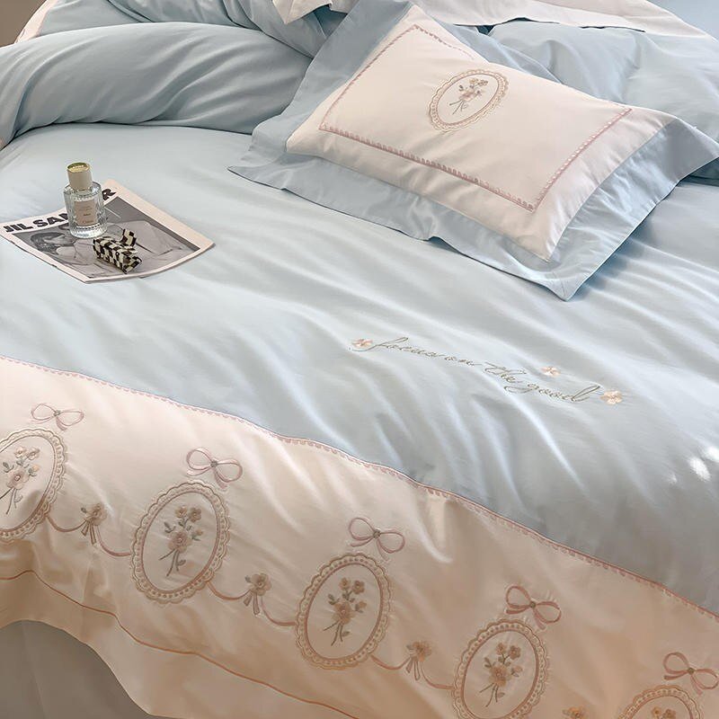 Chic Embroidery Blue White Patchwork Girls Elegant Duvet cover Bed Sheet 2Pillow shams 1000TC Egyptian Cotton 4Pcs Bedding set 5