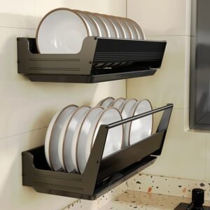 Aluminum Bowl Dish Drainer Rack Wall Mounted Plate Holder Drying Drainboard Kitchen Organizer Storage Shelf Punch Free Black 1