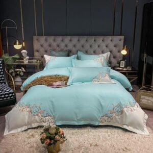 Teal Blue/Green Patchwork Chic Embroidery Bedding Ultra Soft Egyptian Cotton Comforter Cover Bed Sheet 2 Pillow Shams Full/Queen 1