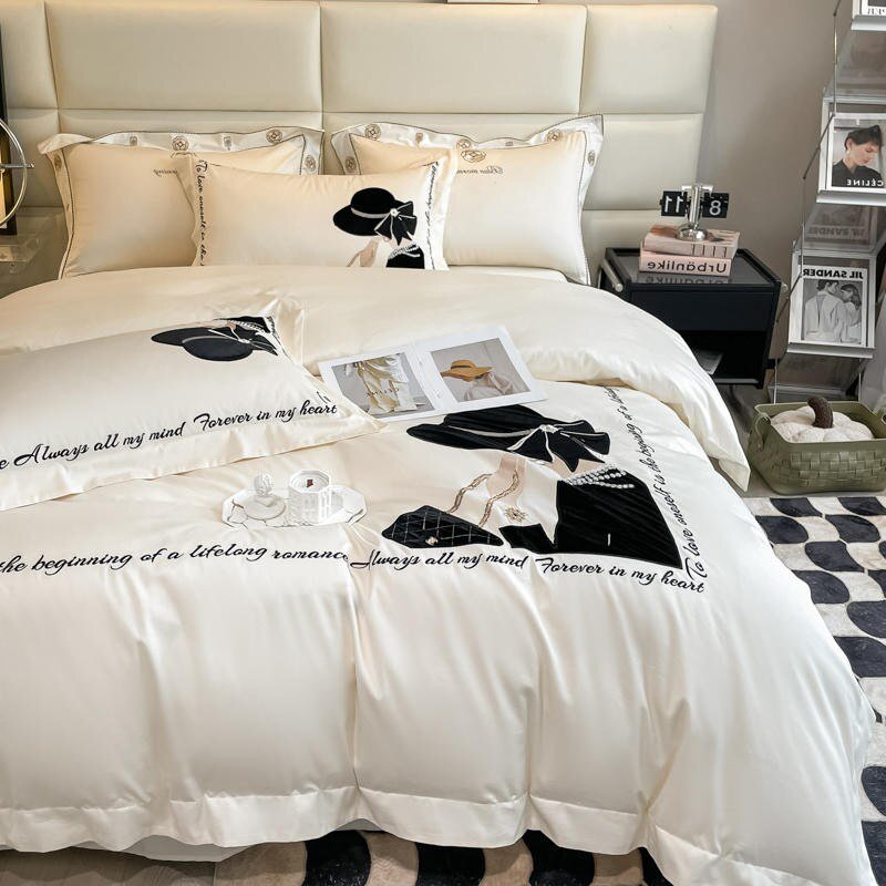 4Pcs Luxury Embroidery Black Design Premium 1000TC Egyptian Cotton Ultra Soft Silky White Duvet Cover Bed Sheet Pillowcases 4