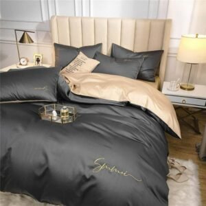 Simple Embroidery Duvet Cover set Silky Soft 600TC Egyptian Cotton Bedding Set with Zipper(1Duvet Cover+1Bed sheet+2Pillowcases) 1