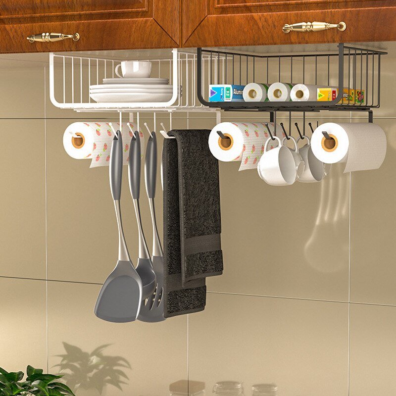 Multifunction Kitchen Under Cabinet Hanging Storage Basket Spice Rack Organizer with Cup Utensils Roll Holder Metal Wire Shelf 2