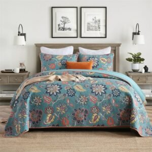 Multicolor Paisley Blossom Full Queen Size Bedspread 3Pcs 100% Cotton Summer Quilt Gorgeous Quilted Bedspread with 2Pillowcases 1