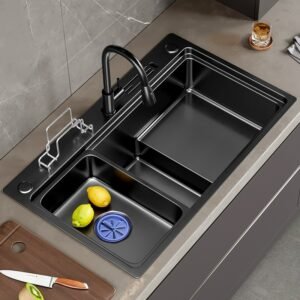 Nano Kitchen Sink Stainless Steel Black Handmade Stepped Single-slot Wash basin Bowl Large Topmount Undercounter Sink Drain Set 1