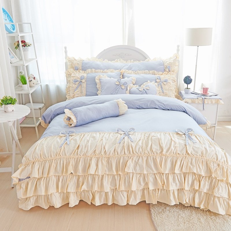 100% Cotton pink purple king queen twin single Double size girls bedding set ruffles korean bed set bedsheet set duvet cover 4