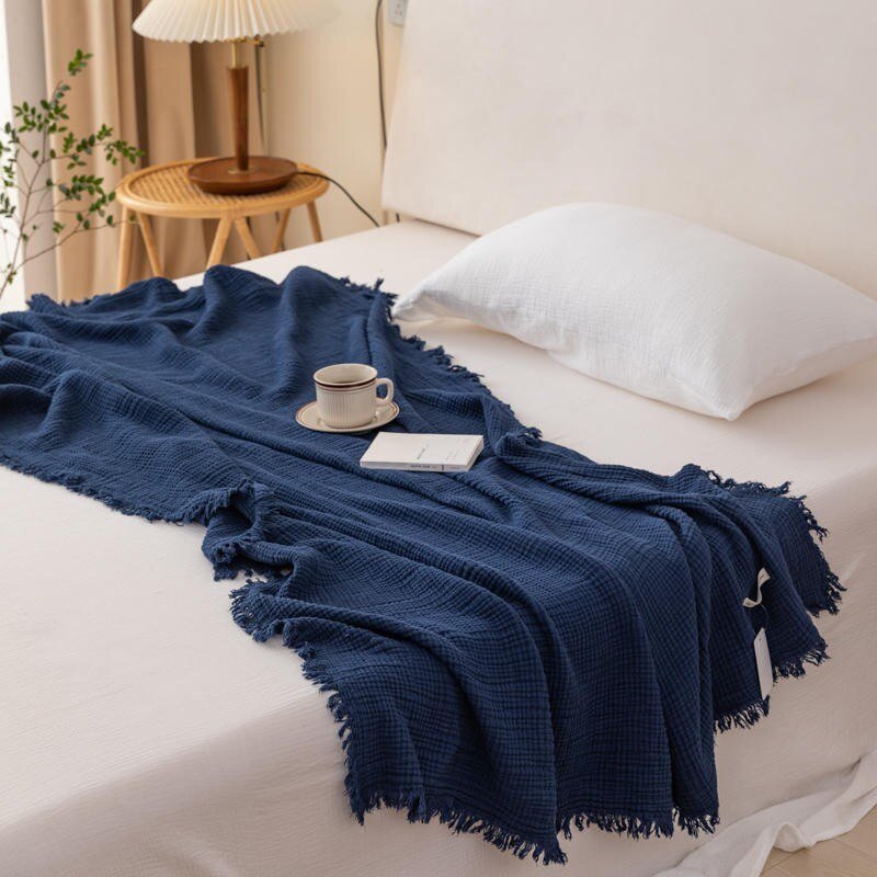 Knitted Cotton Throw Blankets for Couch, Sofa and Bed, Lightweight Soft Blanket with Tassel Decorative Cozy Blue Throw Blanket 2
