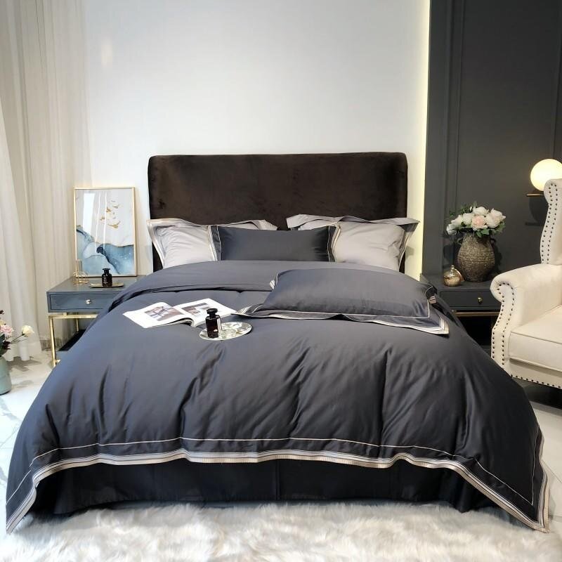 100%Egyptian Cotton Duvet Cover Set Ultra Soft Easy Care Breathable Queen/King 4Pcs Dark Grey Bedding set Bed Sheet Pillowcases 2
