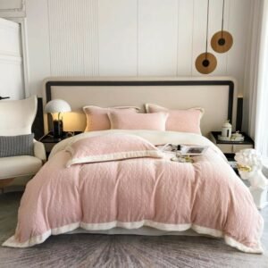 Luxurious Carved Velvet Flannel Duvet Cover Set Pink Queen King 4Pcs Ultra Soft Plush Warm Comforter Cover Bedsheet Pillowcases 1
