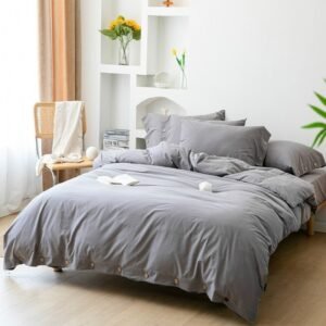 Yarn Dyed Plain Solid Color 100%Washed Cotton Button Duvet Cover Bed Sheet Pillowcases Ultra Soft Easy Care,Simple Bedding Set 1