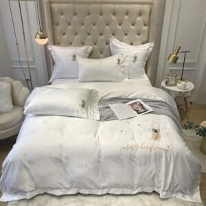 Bird Peacock Feather Pattern Embroidery White Grey Duvet Cover Sateen Cotton Luxury Bedding set Sheets Queen King size size 4Pcs 1