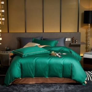 600TC 100% Long Staple Cotton Reversible Green Gold 4Pcs Duvet Cover Set Breathable Soft Quilt Cover Bed Sheet Queen King size 1