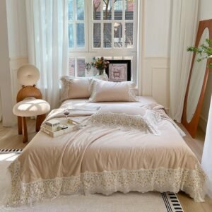 1000TC Cooling Eucalyptus Lyocell Bamboo Fill Comforter+Bed Sheet+2Pillow shams Luxury French Big Lace Decor Silky Summer Duvet 1