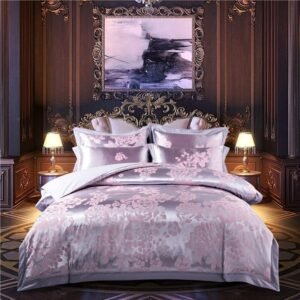 Silver White Satin Silky Cotton Bedding set Luxury Flowers Jacquard Duvet Cover set 1 Bed Sheet 2 Pillowcases Queen King size 1