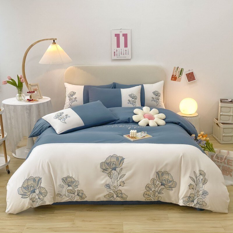 100%Cotton Patchwork Duvet Cover Premium Soft 4Pcs Bedding set Elegant Flowered Embroidery Comforter Cover Bed Sheet Pillowcases 1