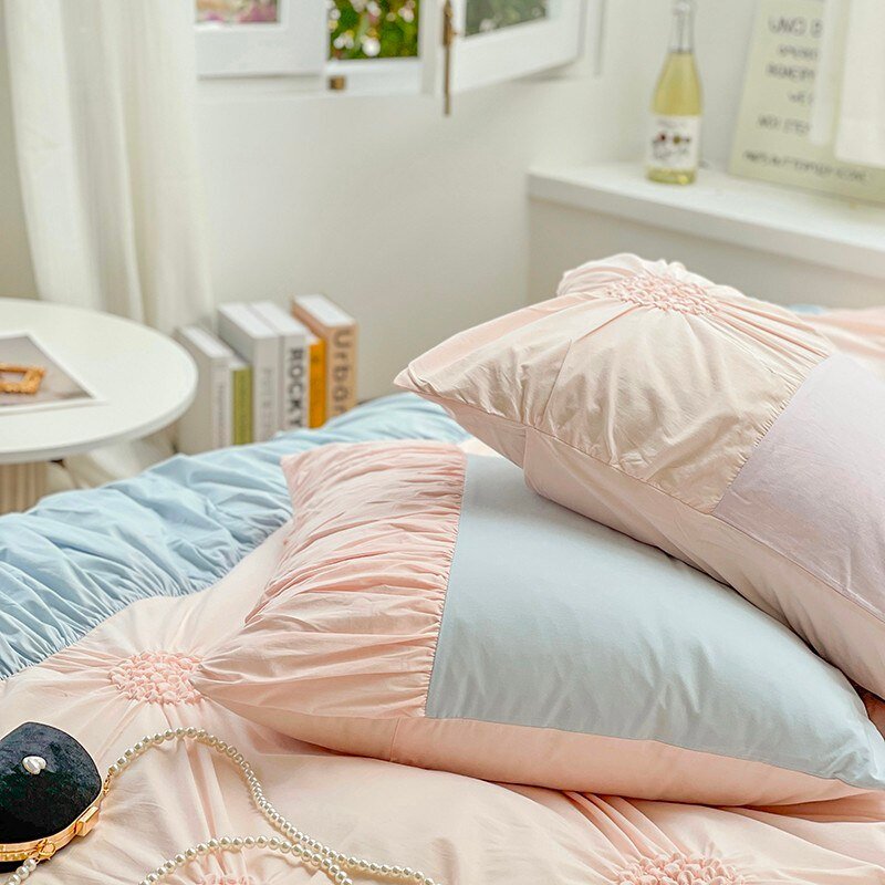 100%Cotton Pinch Pleated Pink Blue Patchwork Duvet Cover set Queen King 4Pcs Bedding set Comforter Cover Bed Sheet Pillowcases 6