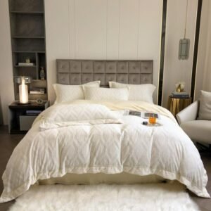 Geometric Embossed Velvet Cream Duvet Cover Set 4Pcs Soft Comfy Bedding Down Comforter Cover Bed Sheet Pillowcases Double Queen 1