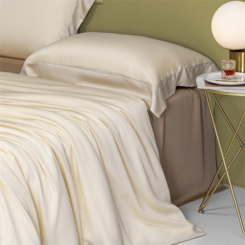 600TC Eucalyptus Lyocell Reversible Cream Brown Duvet Cover with Zipper Ties Soft Cooling Bed Fit Sheet Pillowcases  Bedding Set 3