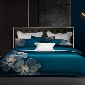1000TC Long Staple Cotton Blue Bedding set Chic embroidery Blooming Flower Art Duvet cover set Bed Sheet Pillowcases Queen King 1